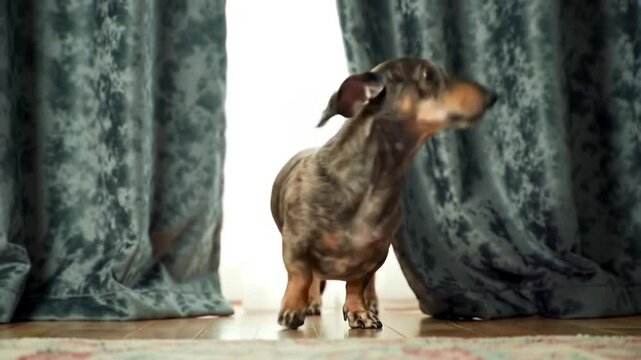 Charming dachshund struts from behind luxurious velvet curtains into the light