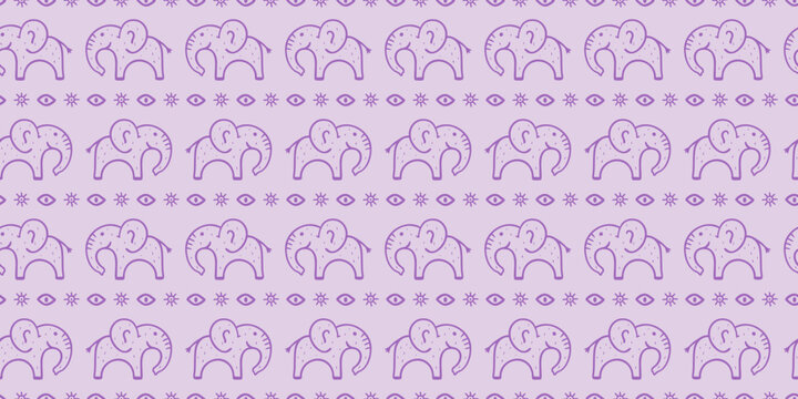 Soft lavender seamless pattern with ethnic elephant, eye, and sun motifs. Tribal-inspired boho design in purple tones, ideal for wallpapers, fabrics, and digital decor