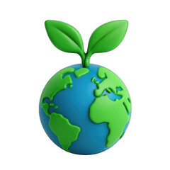 A stylized 3d rendering of planet earth with vibrant green continents and blue oceans topped with two emerging green leaves symbolizing growth and environmental care