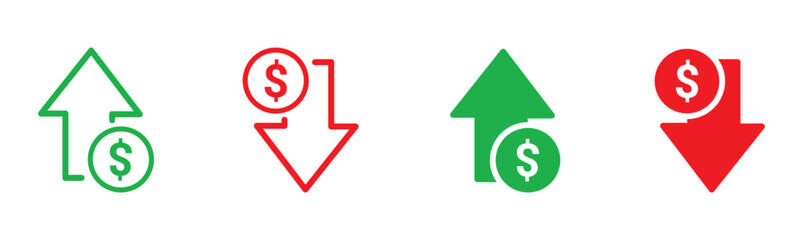 Money increase icon with arrow up symbol, dollar decrease icon . profit and lose money icons ,  vector illustration . 