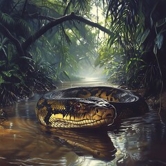 Powerful anaconda navigating muddy river inside tropical jungle high resolution picture