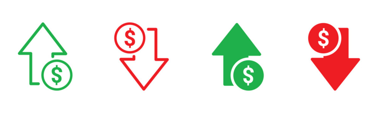 Money increase icon with arrow up symbol, dollar decrease icon . profit and lose money icons ,  vector illustration . 