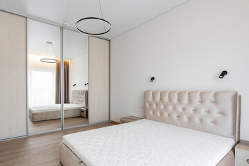 Modern luxury bedroom interior in minimal scandinavian style, 3d render