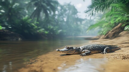 Predator reptile relaxing in natural muddy riverside habitat high resolution picture