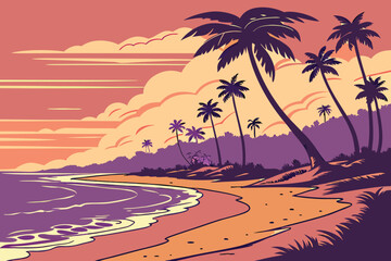 Tropical beach palm trees at sunset with purple ocean waves