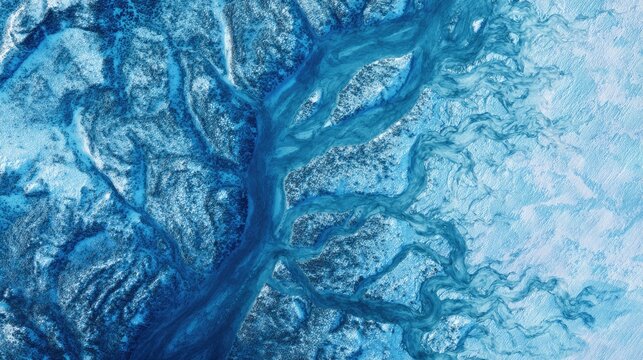 Top down Satellite view of a frozen Arctic landscape intricate ice patterns deep blues and whites