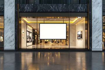 Blank signage in a shopping center window showcases a modern retail space with marble accents for branding
