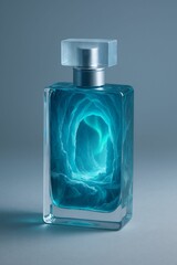 bottle of perfume with blue liquid inside, featuring image of ice cave on label.