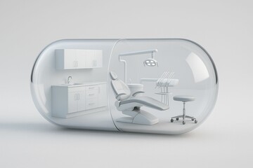 pill-shaped room containing dental office setup with chair, desk, and lamp.