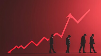 Businessmen walking along an upward and downward trending graph showing financial success and decline photo