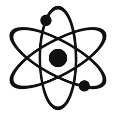 Black atom symbol orbits three ellipses around a central core on a white background
