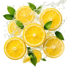 Lemon Slices Splash In Water Freshness. Yellow Citrus Fruit With Green Leaves. Bright Refreshing Summer Vibe. Natural Fruit Display.