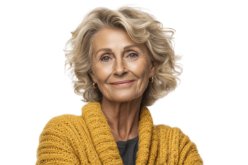 PNG Caucasian elderly female with curly gray hair smiling in yellow sweater