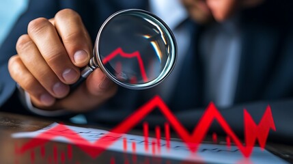 Businessperson analyzing red downward trend graph using magnifying glass financial market analysis photo