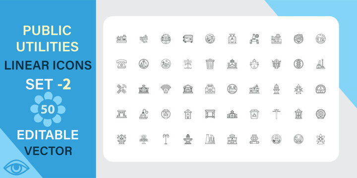 Public utilities linear icons set. Electricity, water, gas and more. Outline vector icon in linear style. Editable stroke. Vector illustration.