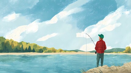Naklejka premium A single person fishing along the riverbank, embodying tranquility, nature, and a quiet lifestyle away from the city.