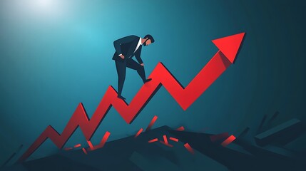 Businessperson walking up a red arrow demonstrating success growth achievement on photo.
