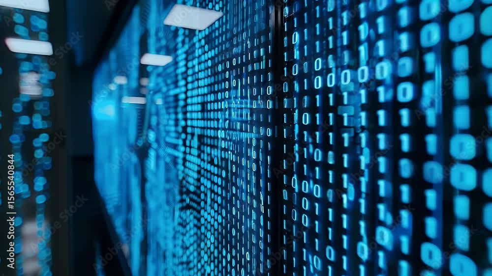 Poster abstract binary data stream in blue color digital code futuristic technology background information.