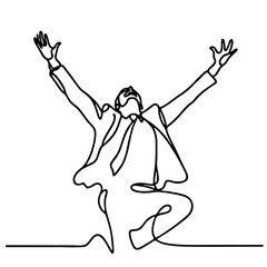 Jubilant Elation: handsome man in graceful theatrical pose expressing boundless joy — minimalist single-line black drawing. One line art.