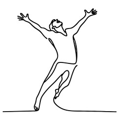 Jubilant Elation: handsome man in graceful theatrical pose expressing boundless joy — minimalist single-line black drawing. One line art.