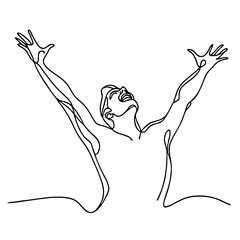 Jubilant Elation: handsome man in graceful theatrical pose expressing boundless joy — minimalist single-line black drawing. One line art.
