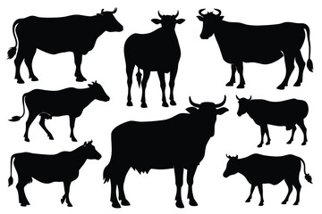 Collection of cow silhouettes farm animals cattle livestock
