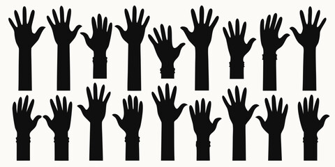 Collection of raised hands silhouettes diverse gestures