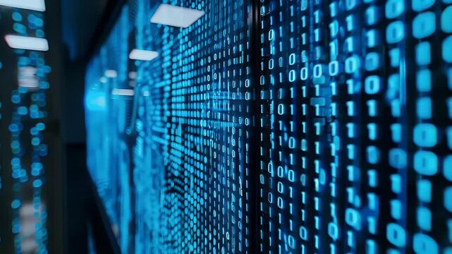 Abstract binary data stream in blue color digital code futuristic technology background information.