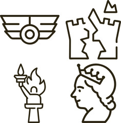 Four iconic symbols including wings broken castle torch and profile with crown