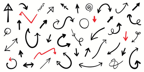 Hand drawn arrow set black red various directions