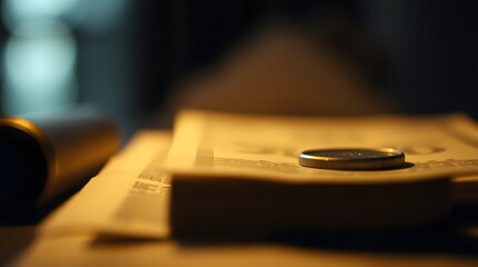 Obraz premium Money stacked on paper with a coin placed on top in a softly lit environment