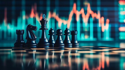 Chess pieces on a board against a backdrop of financial data in a strategic photo