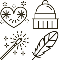 Fototapeta premium Collection of simple line art icons representing a heart a hat a sparkler and a feather