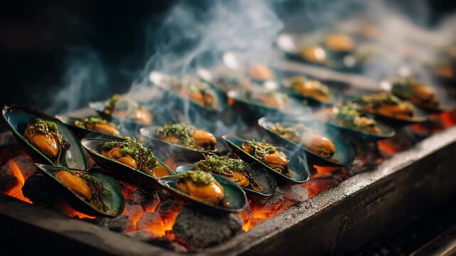 Close up view of mussels grilling on a dark metal surface over glowing embers. Steam rises from the shellfish, creating a smoky atmosphere. The mussels are seasoned with a vibrant green garnish.
