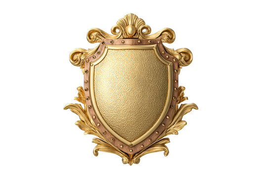 PNG Ornate gold shield emblem with intricate design and metallic texture