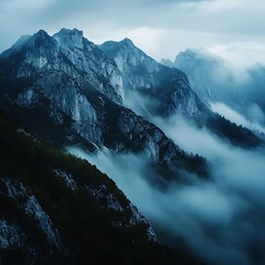 Silent twilight over frozen mountain ridges and cloudy sky high resolution picture