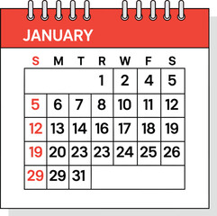 Simple and illustrative calendar graphic showcasing the month of january and its dates on a white backdrop.