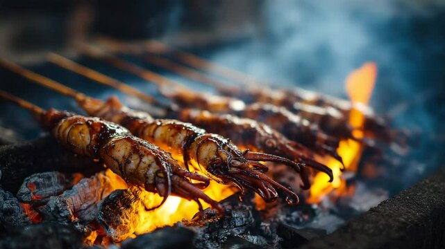 Grilled Squid Skewers Over Open Flame Close Up Food Photography