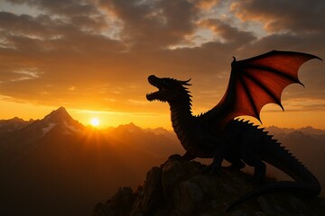 Dragon statue on mountain peak during sunrise or sunset.