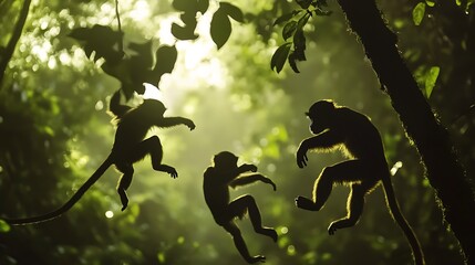 Silhouetted monkeys climbing trees in tropical rainforest morning high resolution picture
