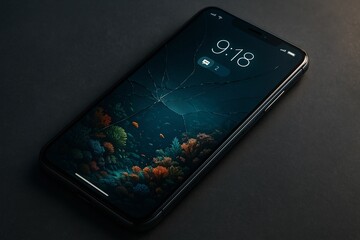 smartphone displaying cracked screen with colorful underwater scene as wallpaper.