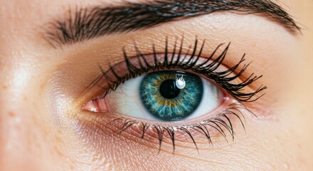 Obraz premium A close-up of a light-blue eye, showcasing intricate details of iris, pupil, and long eyelashes