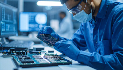 Technologist Inspecting Circuit Board: A focused engineer in a sterile environment meticulously examines a circuit board, showcasing precision and technological innovation.