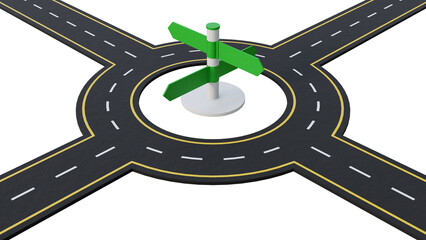 Roundabout road with road signs in the middle on isolated background. Rounded highway road with road sign. Road circle intrsection. Concept of logistics, traffic, navigation and transportation. © HalukYakup