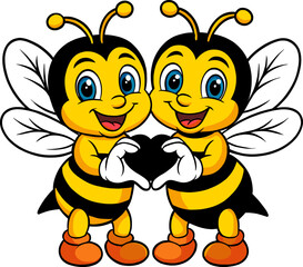 Obraz premium Cute Bee Couple Holding Heart - Cartoon Love Bees Vector Mascot