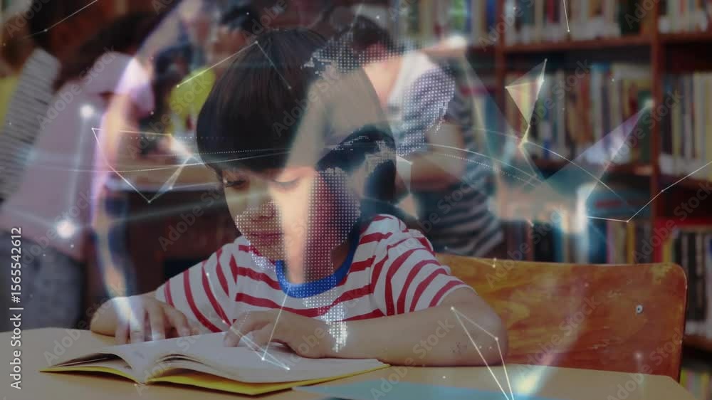 Poster girl reading open book in school library sparking digital network forming rotating globe overlay