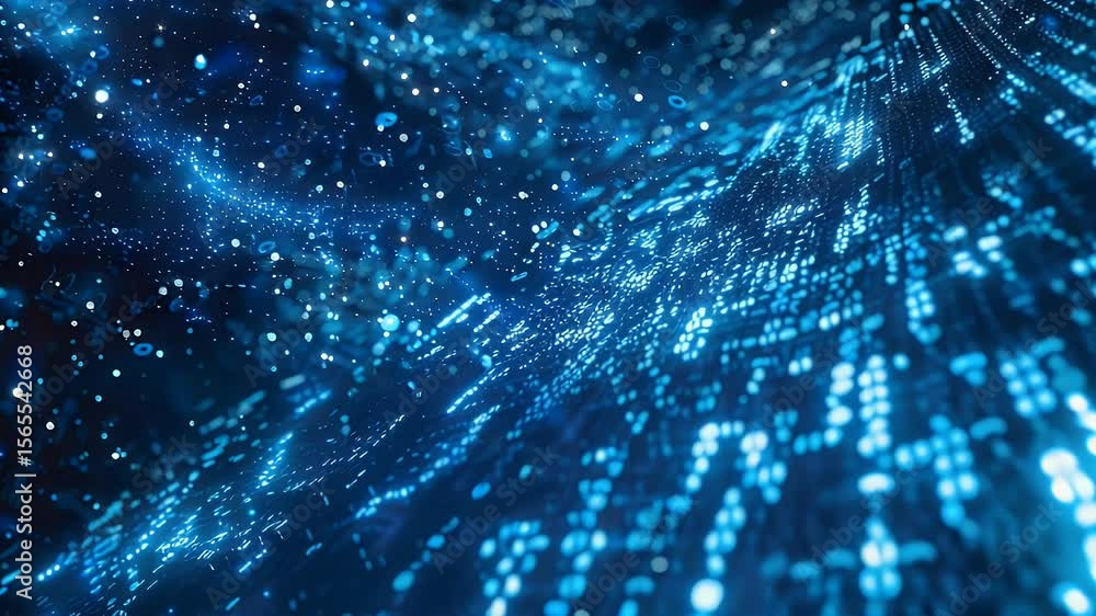 Poster abstract digital landscape with glowing blue data streams and particles creating a futuristic and te