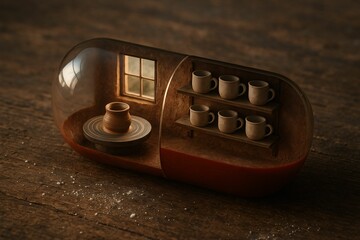 pill bottle shaped like house with window and coffee cup inside.