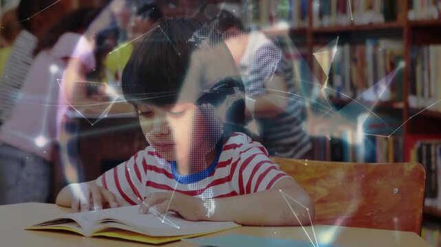 Girl reading open book in school library sparking digital network forming rotating globe overlay