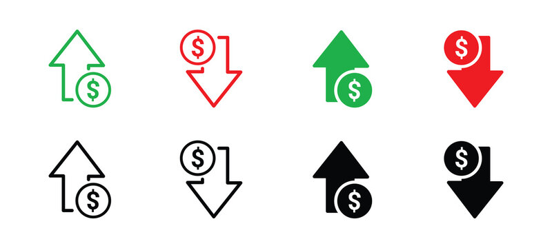 Money increase or decrease icon set. dollar decrease increase symbol. profit and lose signs. vector illustration . 